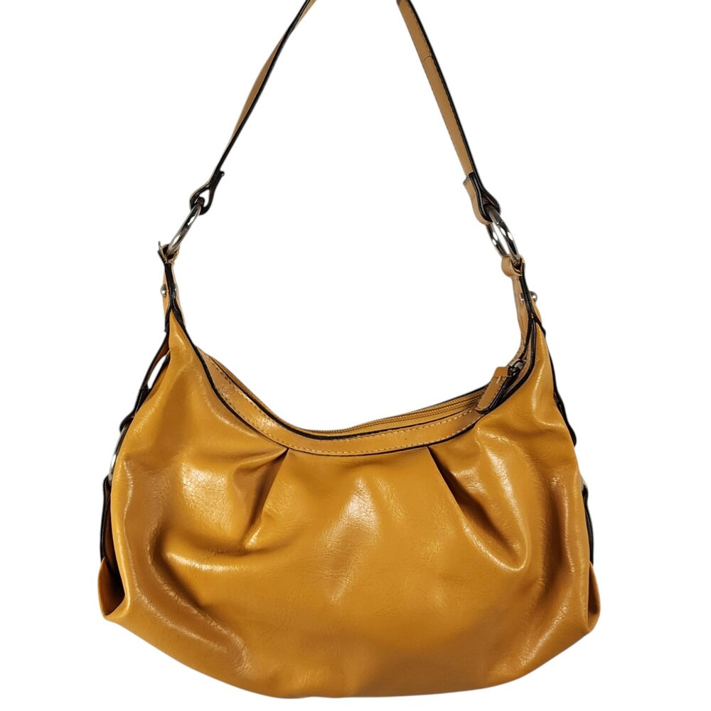Mustard Yellow Faux Leather Slouchy Hobo Shoulder Bag Ruched Curry Tote